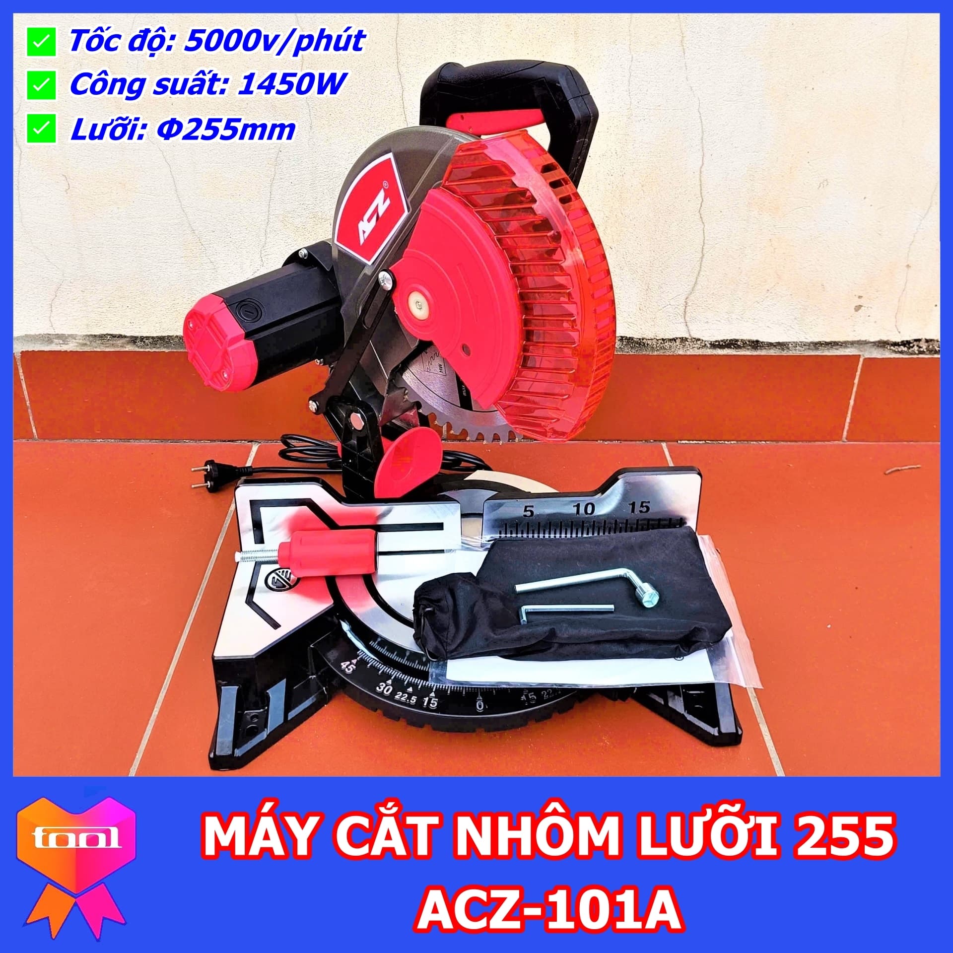 Máy cắt nhôm đa góc ACZ -101A lưỡi 255mm, công suất 1450W, bảo hành 12 tháng