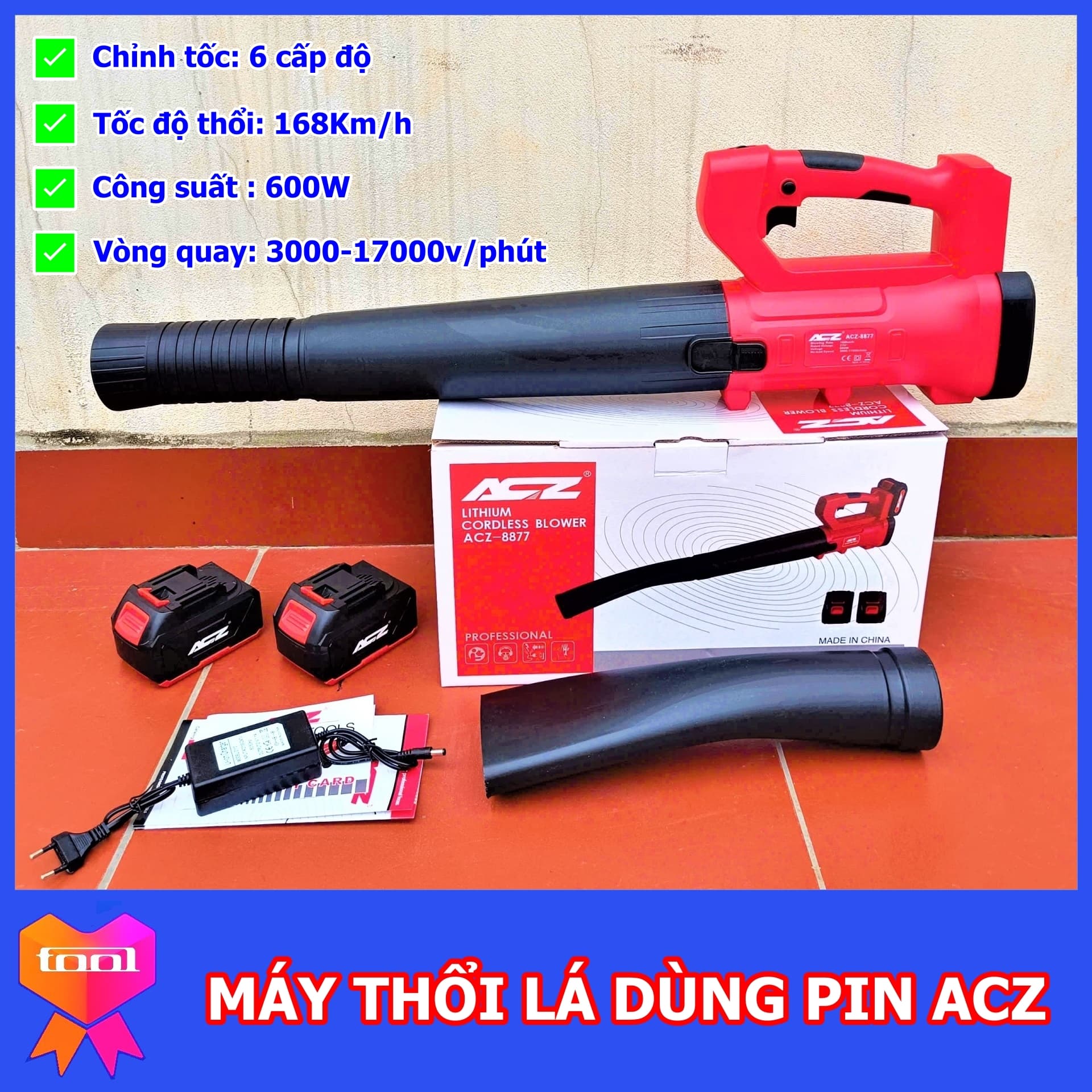 Máy thổi lá dùng pin ACZ 21V, điều chỉnh tốc độ 6 cấp, chuyên dụng dọn dẹp vệ sinh nhà xưởng, sân vườn