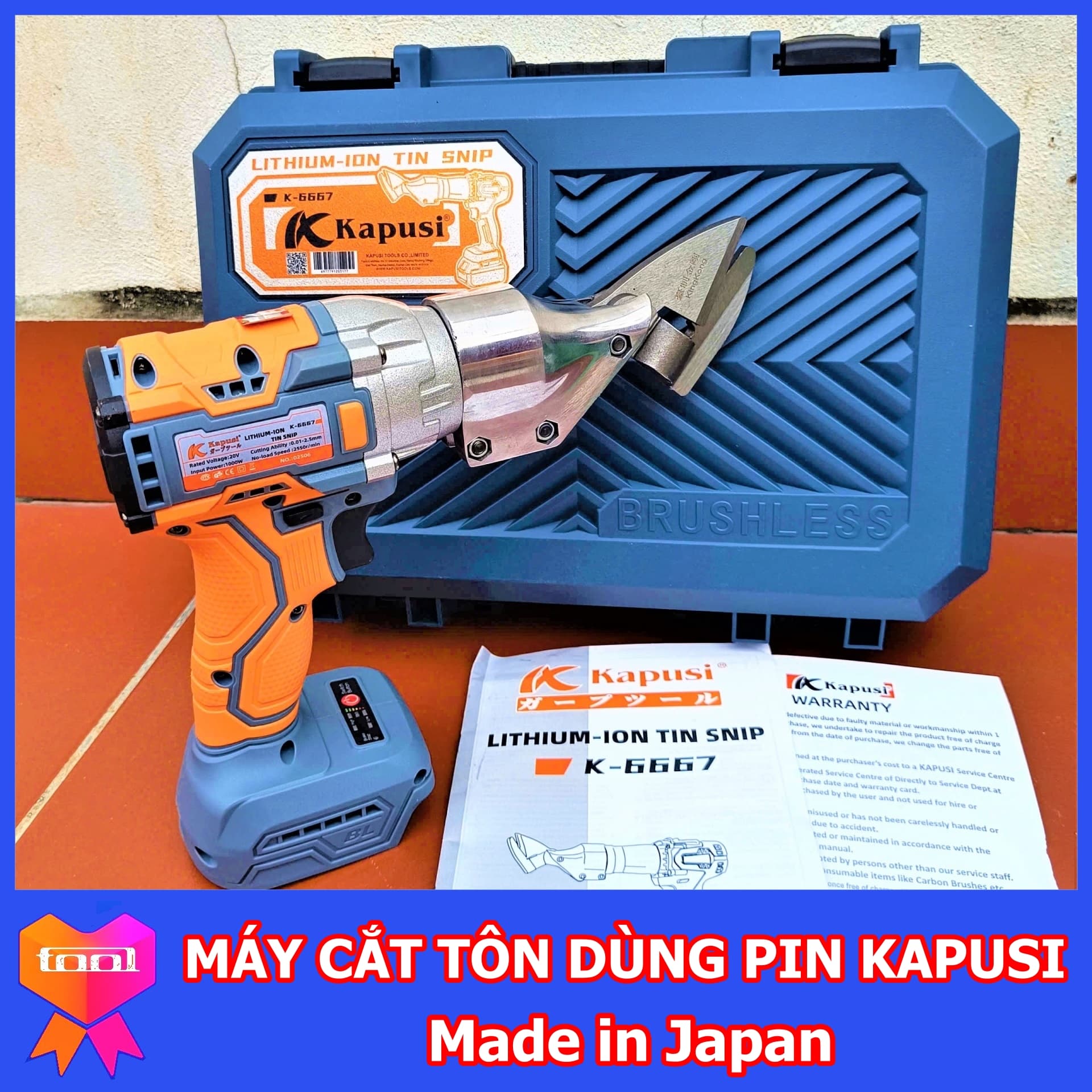 Kềm cắt tôn dùng pin Kapusi Nhật Bản K6667, cắt tôn đên 2.5mm, chân pin phổ thông, chuyên dụng cho thợ
